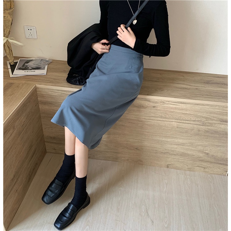 COD New 2022 Fashion Korea Women Black Blue Casual Work Midi Skirts