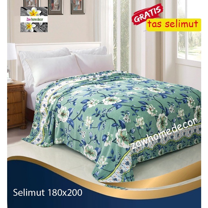 Selimut Bulu Halus Motif Dewasa Uk 180X200Bunga Hijau