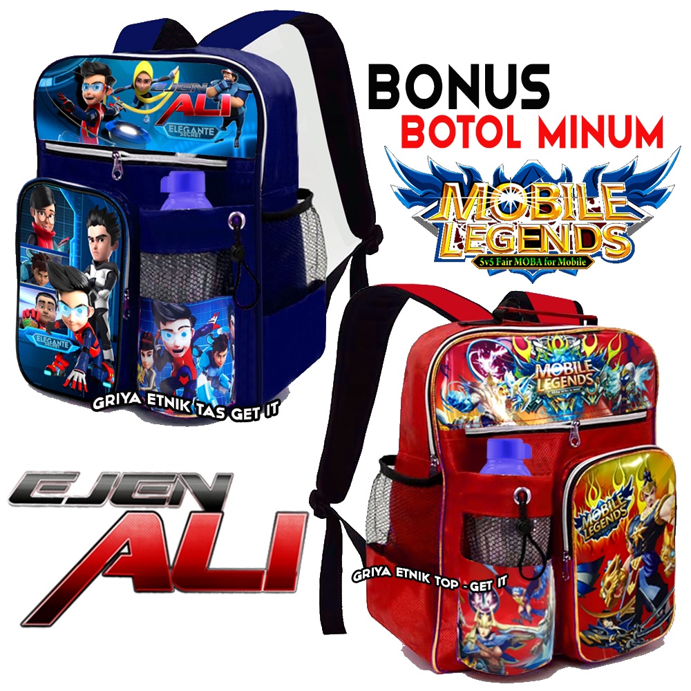 Tas Sekolah Anak Laki EJEN ALI / Tas Anak Sekolah SD / Tas Ransel Anak Mobile Legend Botol Minum