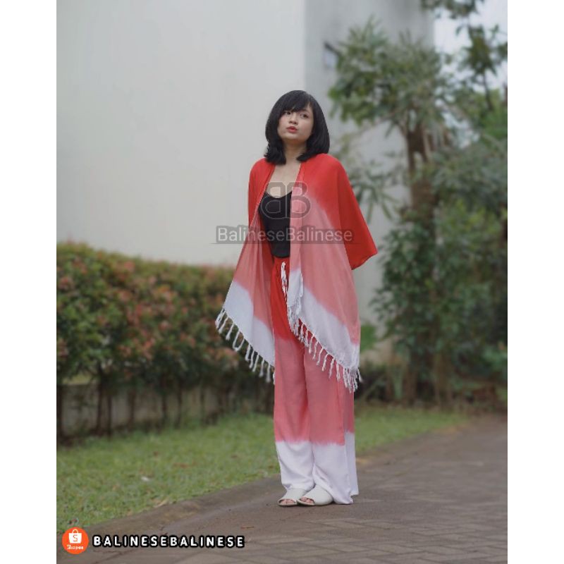 Setelan Cardigan Kulot Rumbai Tie Dye Gradasi Normal Quality