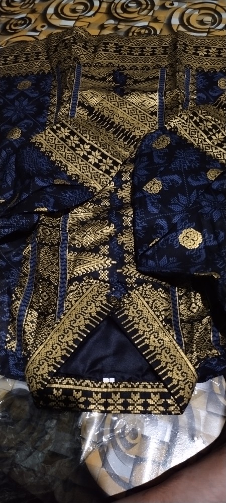 Couple Setelan Batik Songket Palembang Dasar Hitam  Bunga Abu