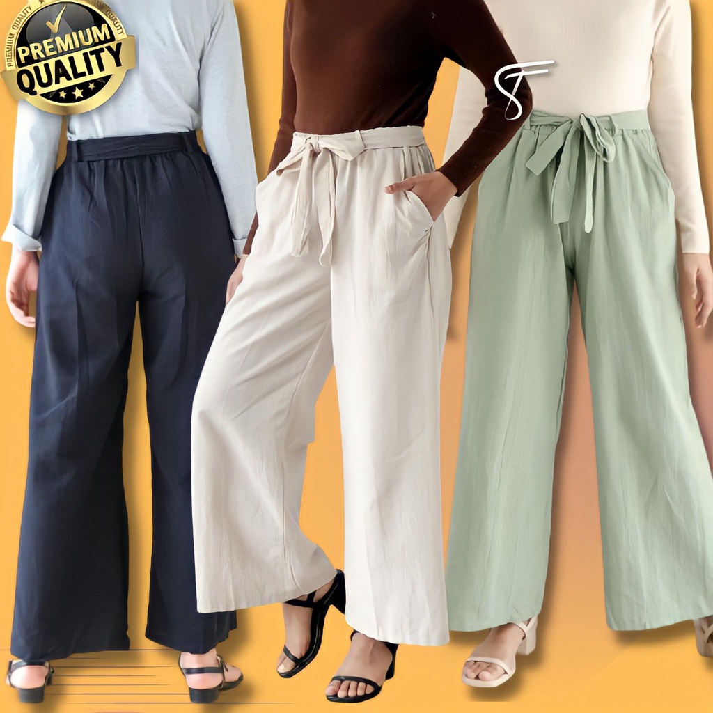 Celana Clana Kulot Panjang Korea Ribbon Cullote Pants Polos Bahan Kain Linen Premium Wanita Model Ke