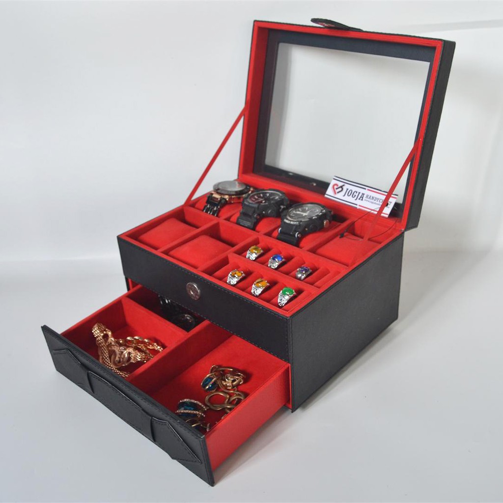 ORIGINAL Watch Box Organizer - Kotak Tempat Jam Tangan Sport &amp; Tempat Perhiasan Berlaci Hitam Merah