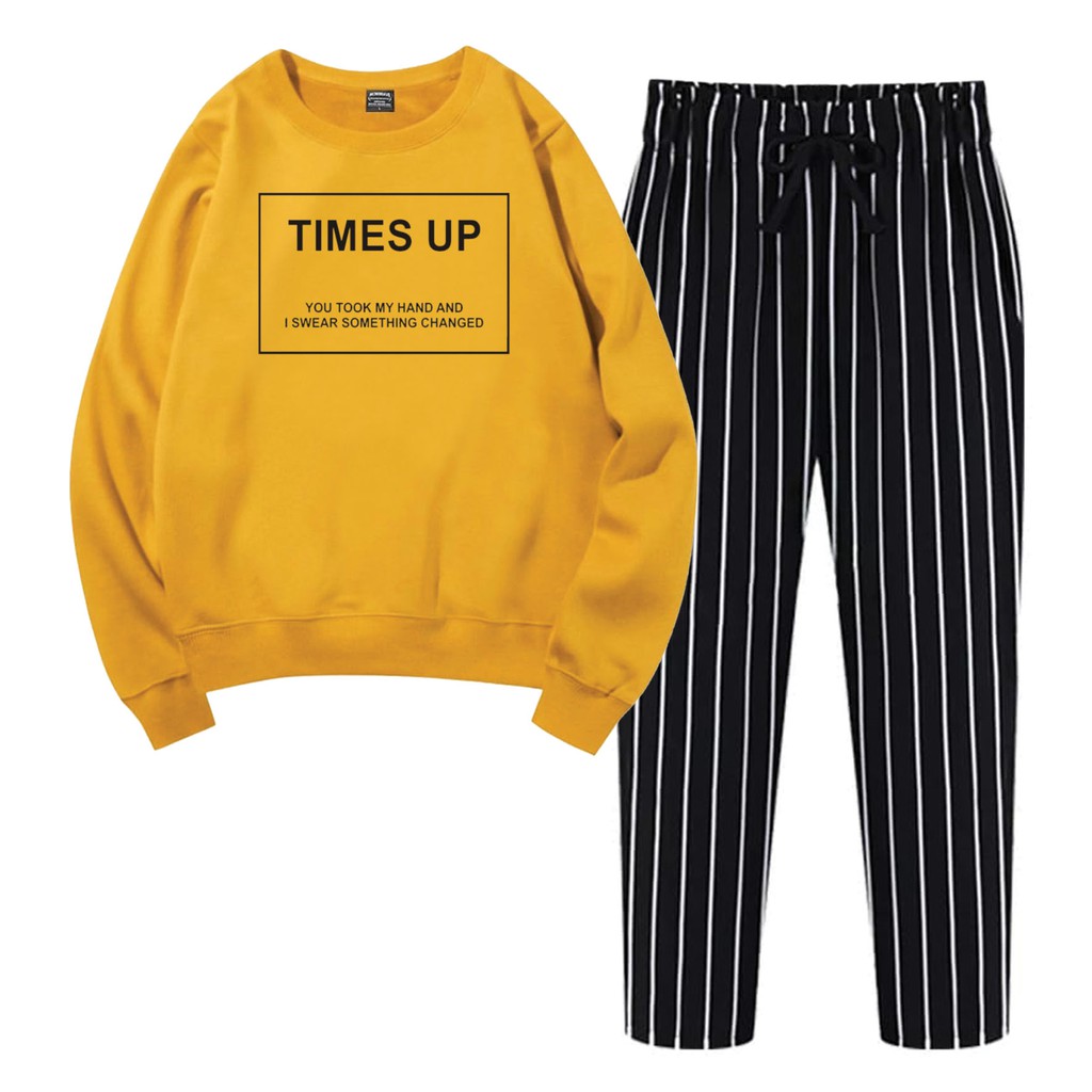 BESS - Baju Setelan Wanita Murah / Setelan Sweater + Celana Salur Hitam - TIMES UP