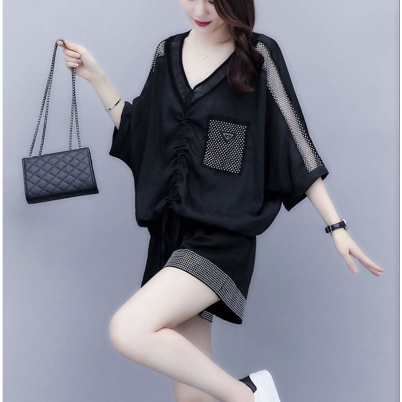 Setelan Wanita Korea Import Dress Unik Cantik Model Terbaru Warna Hitam Putih