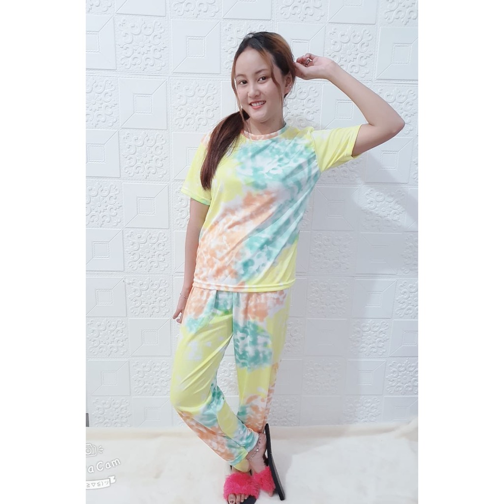 Rillo - Set Setelan CP  Wanita Tie Dye / Cotton Candy /bt21 bordir Fit XL-kuning CP