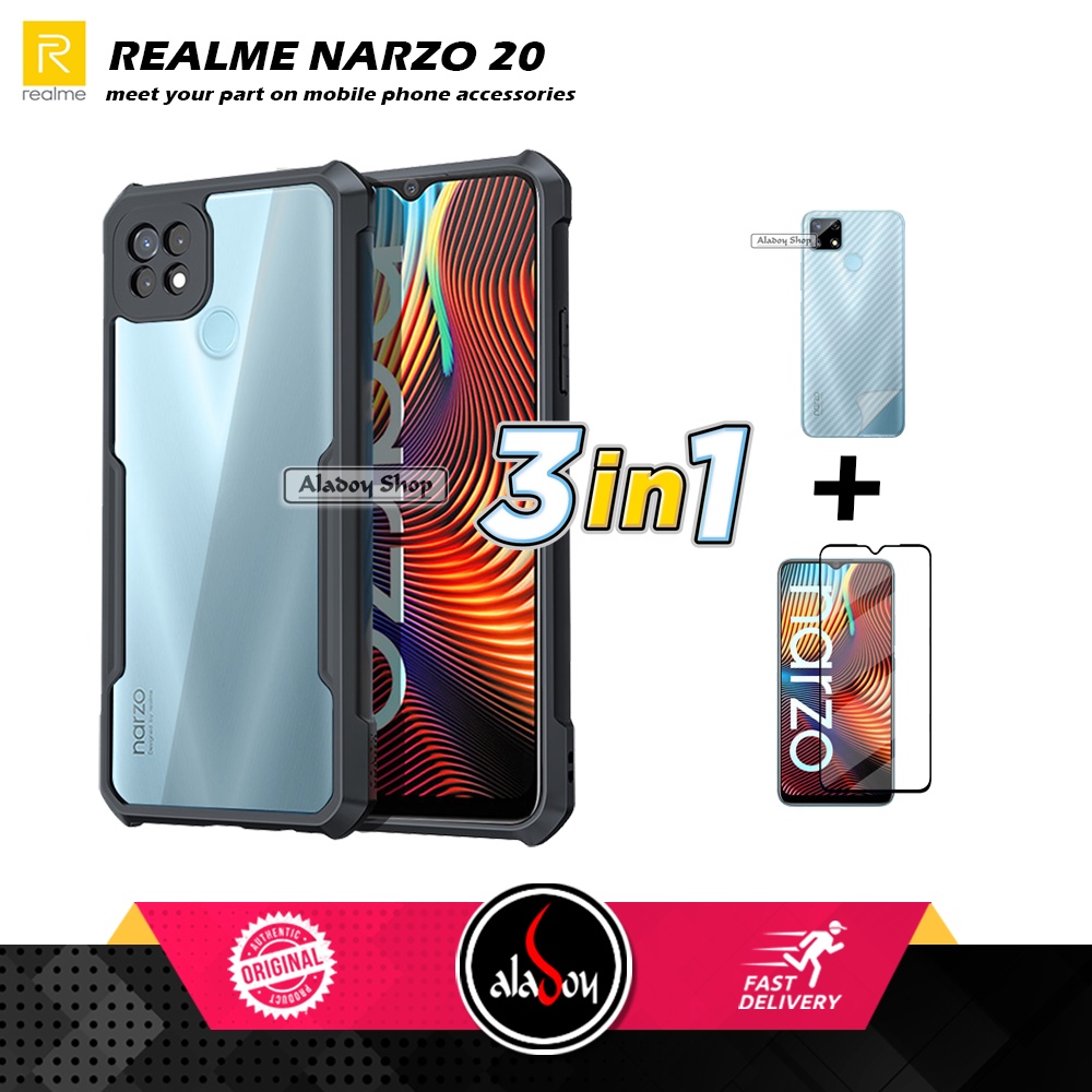 Case REALME NARZO 20 Armor Fushion Transparent Casing + Tempered Glass Full Layar dan Skin Carbon