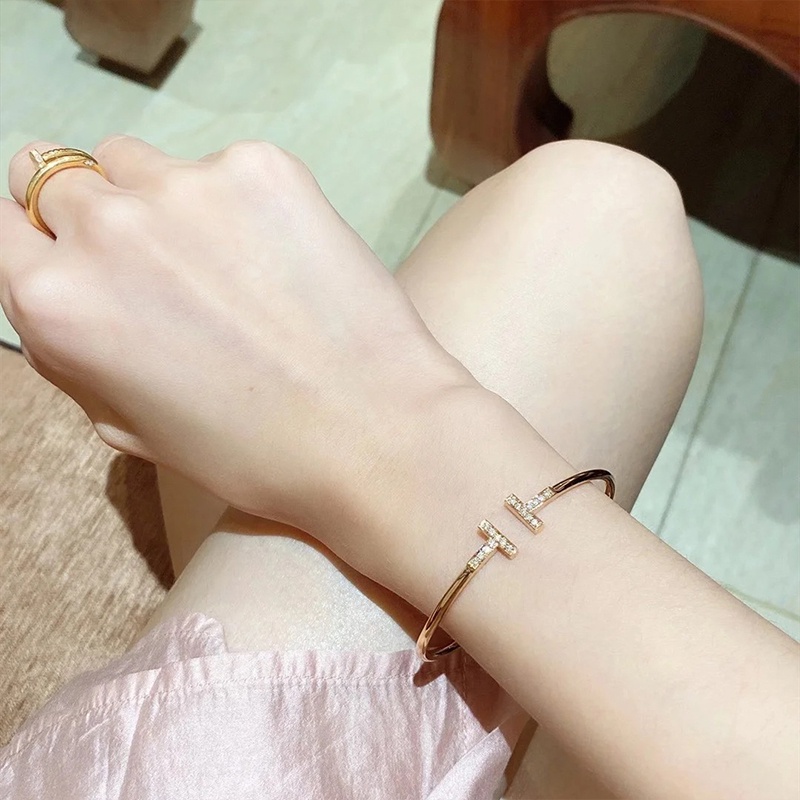 Gelang Mode Klasik/T Ganda Huruf Hias Berlian Imitasi Pembukaan Bangle