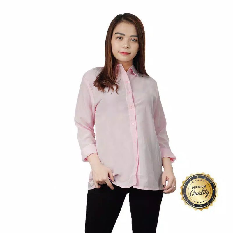 Baju Kemeja Wanita Kerja Kantor Lengan Panjang Murah Polos Casual Korea Putih Harian Jumbo Hitam rh1-Pink