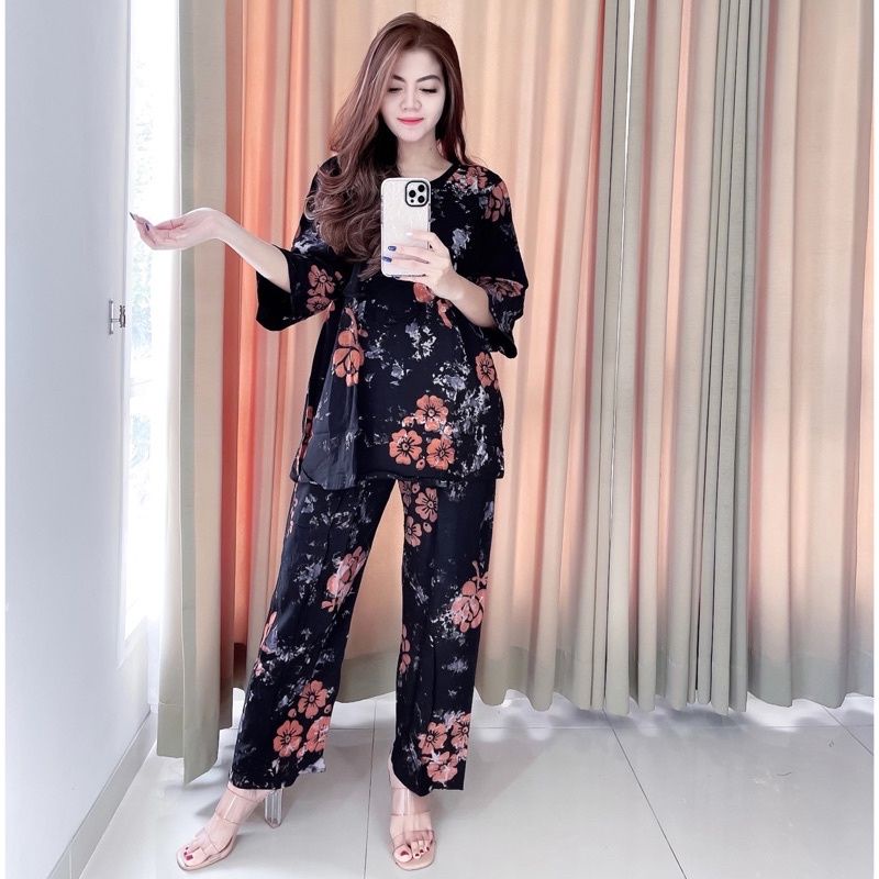 Setelan Wanita ,One Set Batik Rayon ,Piyama Dewasa terbaru-Orange