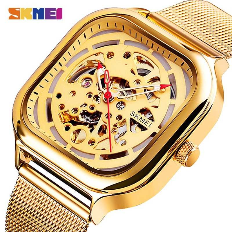 Jam Tangan Pria SKMEI Original Automatic Mechanical Stainless Strap 9184CS Gold-2