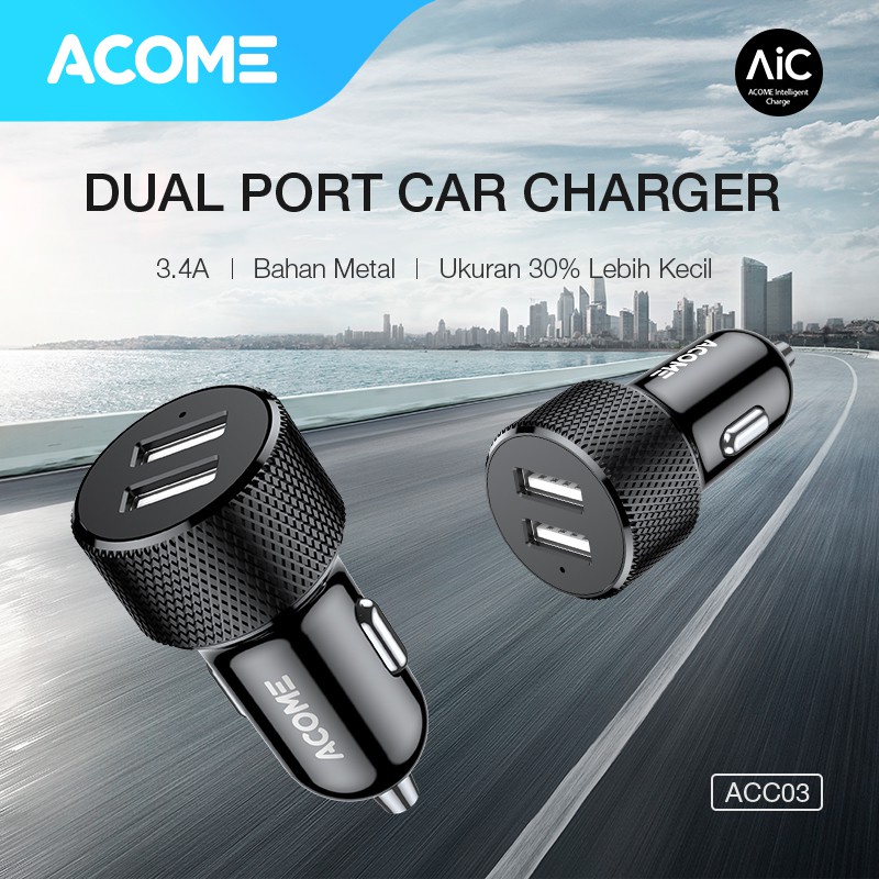 CAR CHARGER Acome ACC03 2 PORT FAST CHARGING 3.4A GARANSI 1 TAHUN