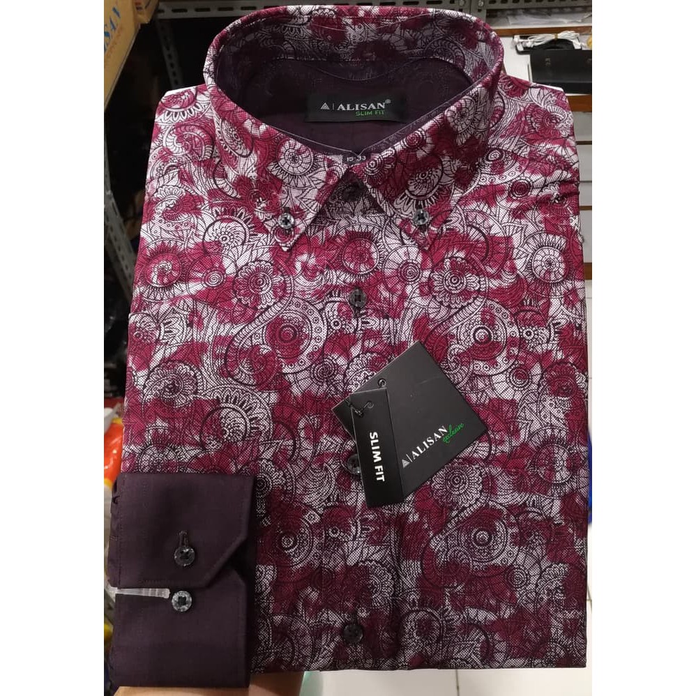 KBP-0570 Kemeja Pria Printing Alisan Panjang Slimfit Semi Batik Merah Abu Arsir - Maroon- M