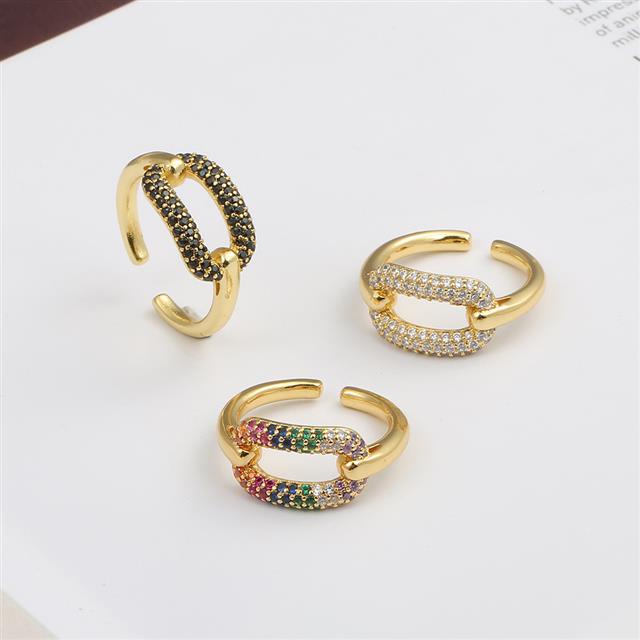 Ornamen tembaga zirkon hip hop berlapis emas cincin geometris angin dingin terbuka cincin Eropa hip