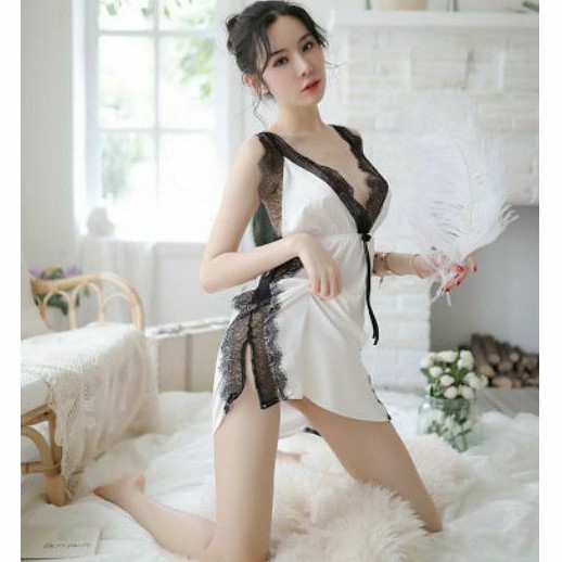 Big Size XL Lingerie Night Gown Sexy Backless Dress V neck Lace Baju Tidur Renda Satin Halus