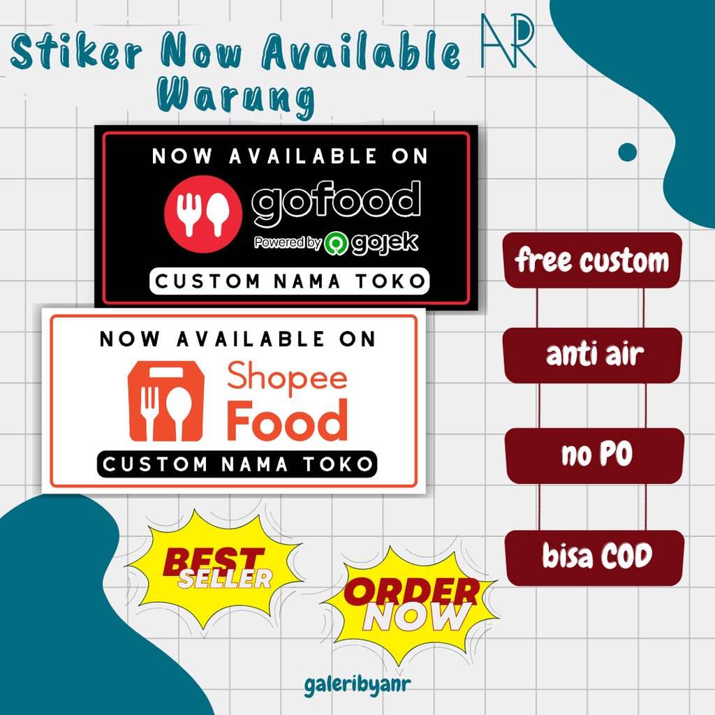 

STIKER NOW AVAILABLE GO FOOD GRAB FOOD SHOPEE FOOD | STIKER NOW AVAILABLE UNTUK WARUNG MAKAN CUSTOM NAMA TOKO | STIKER NOW AVAILABLE ANTI AIR CUSTOM NAMA TOKO