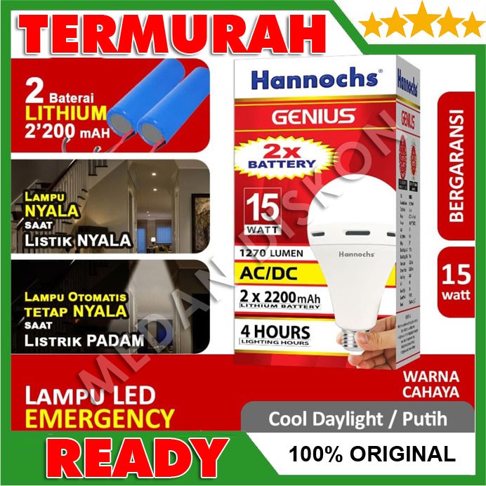 Hannochs Lampu Emergency LED AC/DC GENIUS 15 watt Cahaya Putih Garansi