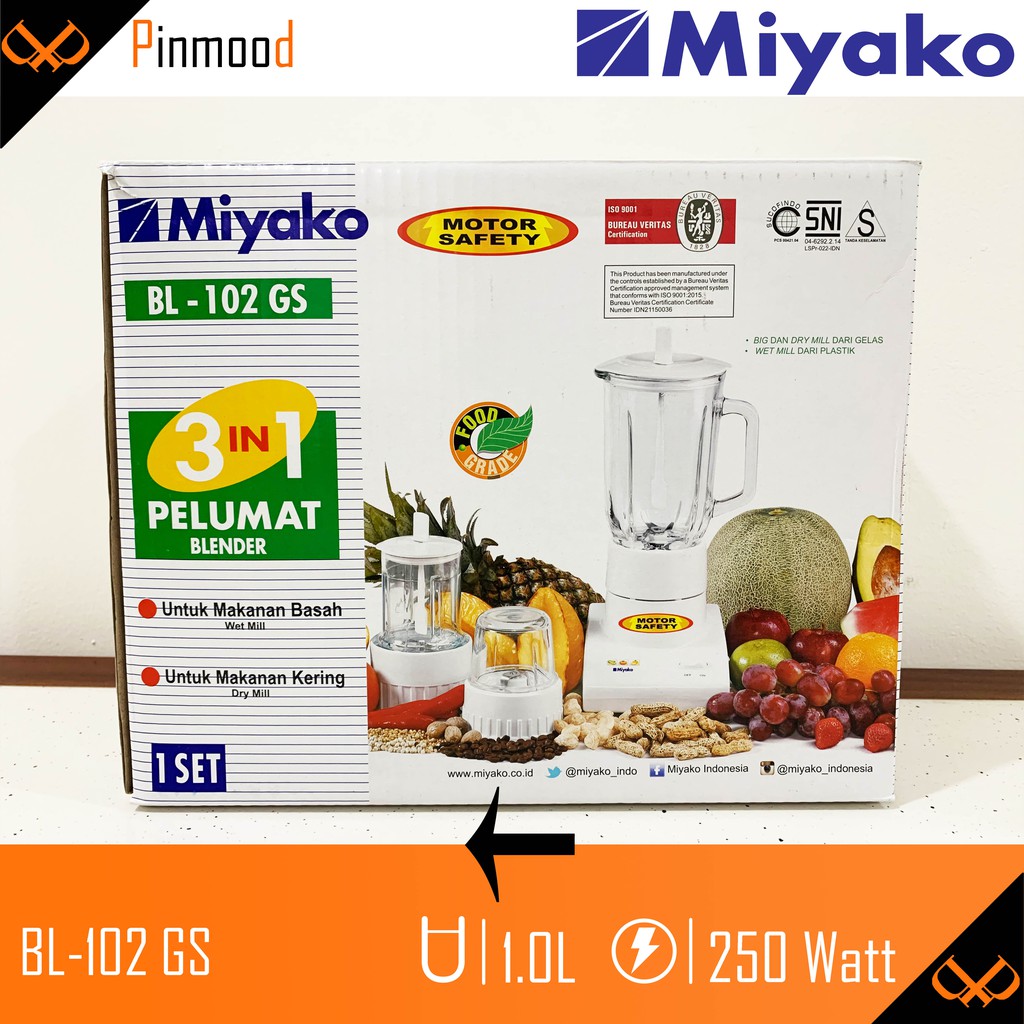 MIYAKO BLENDER BL-102 GS [ 1 LITER ] PELUMAT 3 IN 1 WET &amp; DRY MILL BISA KERING DAN BASAH KACA