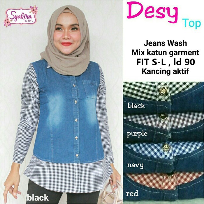 atasan kemeja wanita desy top jeans wash  kekinian