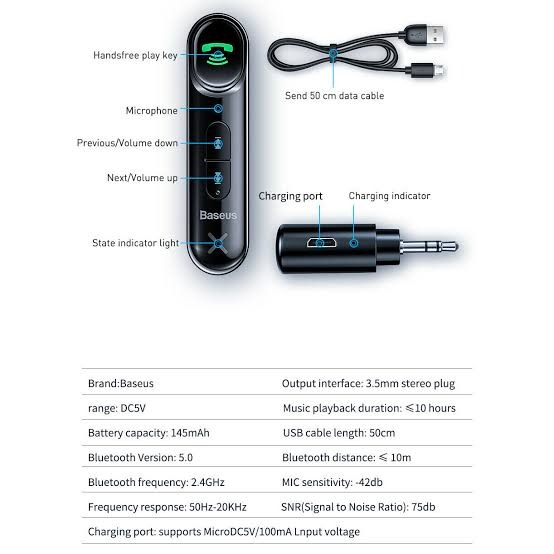 BASEUS Car Bluetooth Adapter Receiver AUX 3.5mm Wireless Audio 5.0