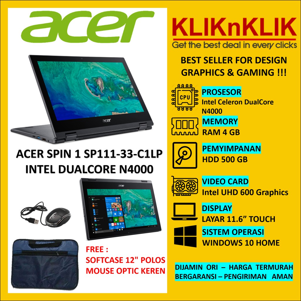 NOTEBOOK 2 IN 1 ACER SPIN 1 SP111-33-C1LP N4000 RAM 4G HDD 500GB TOUCH WIN10