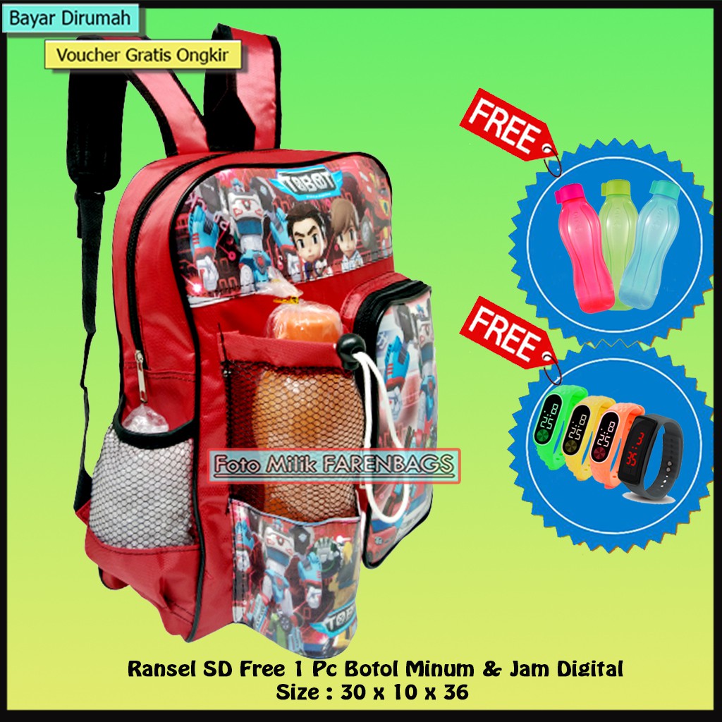 Tas Sekolah Anak TK - SD Free Botol Minum &amp; Jam Tangan mainan  Ransel gambar kartun Anak Laki-laki