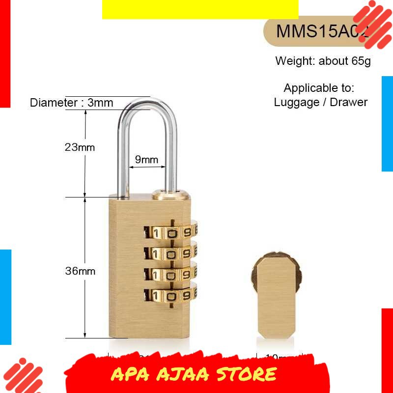 Terbaru ! KAK Gembok Koper Padlock 4 Digit Combination Solid Brass 21x60mm MMS15