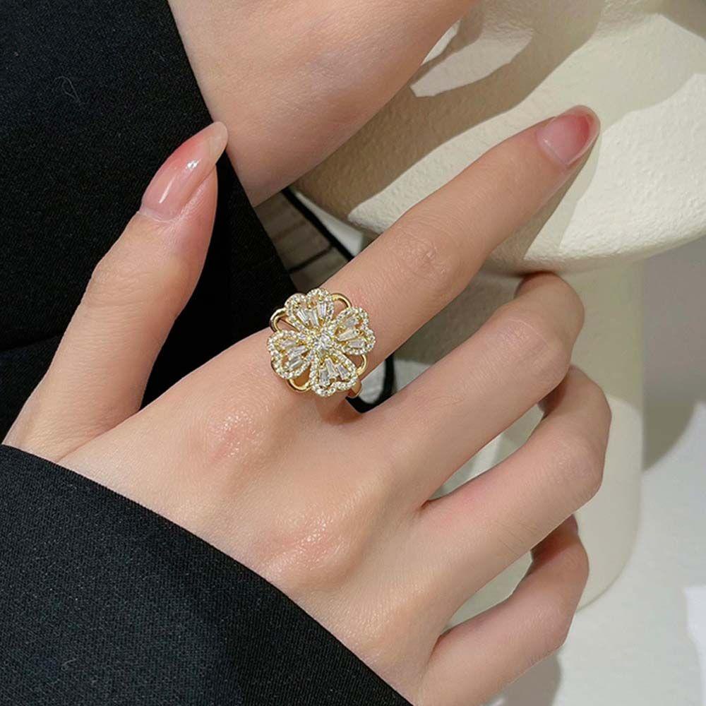 [Elegan] Berputar Zirkon Cincin Kepribadian Teman Hadiah Perhiasan Pesta Romantis Warna Emas Kincir Mewah Berlian Imitasi Wanita Jari Rings