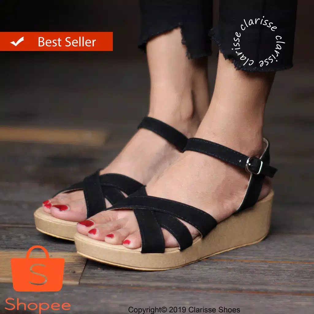 CS JOG Clarisse Wedges Wanita KIRANA REALPICT  5cm Tali Silang Krem Hitam Black Cream-6