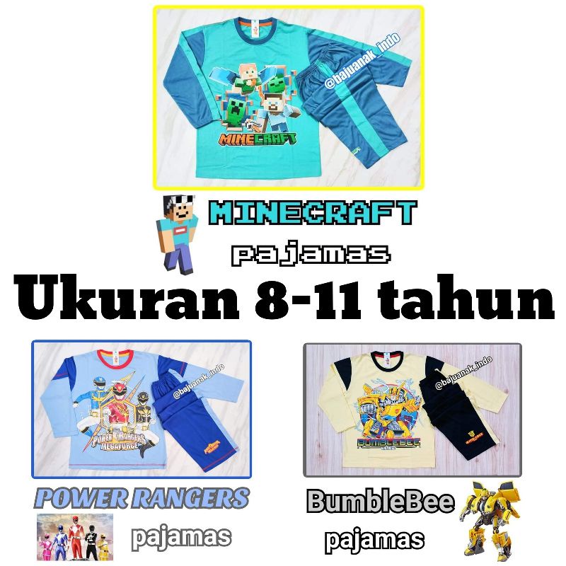 Piyama karakter size 8 10 12 anak laki Minecraft BumbleBee Bumble bee Transformer Power Ranger Sonic