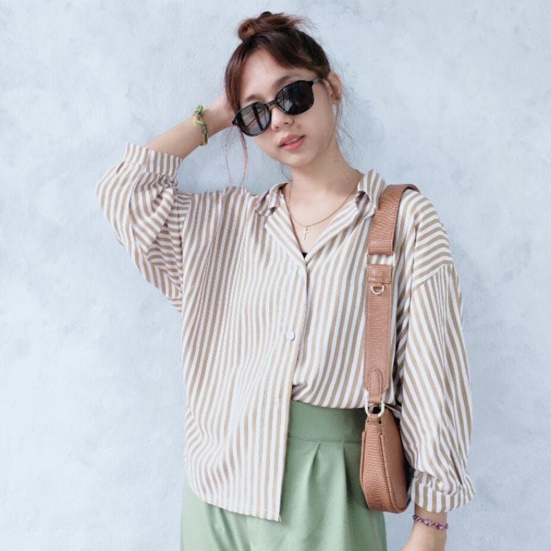 Toply shop Kemeja wanita salur Oversize / kemeja garis katuun