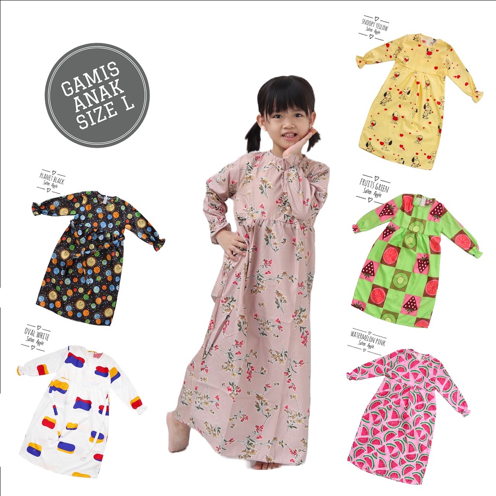 IZANY Gamis Anak Muslimah Size S - XL Saten Apple Banyak Motif