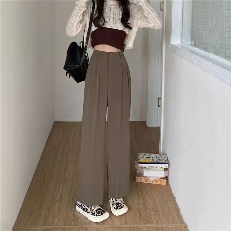 [chaoo.id]Celana panjang lurus pinggang tinggi wanita Korea warna solid celana setelan longgar kasual/celana kulot wanita korean style loose highwait/celana wanita terbaru/straight pants/celana panjang wanita celana bahan