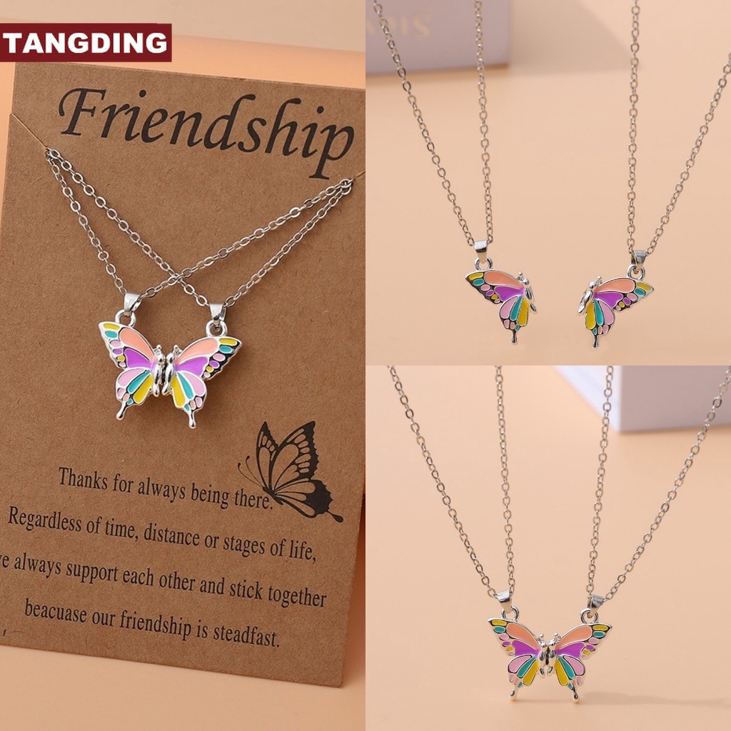 【COD Tangding】2pcs / set Kalung Choker Rantai Klavikula Desain Kupu-Kupu Warna-Warni