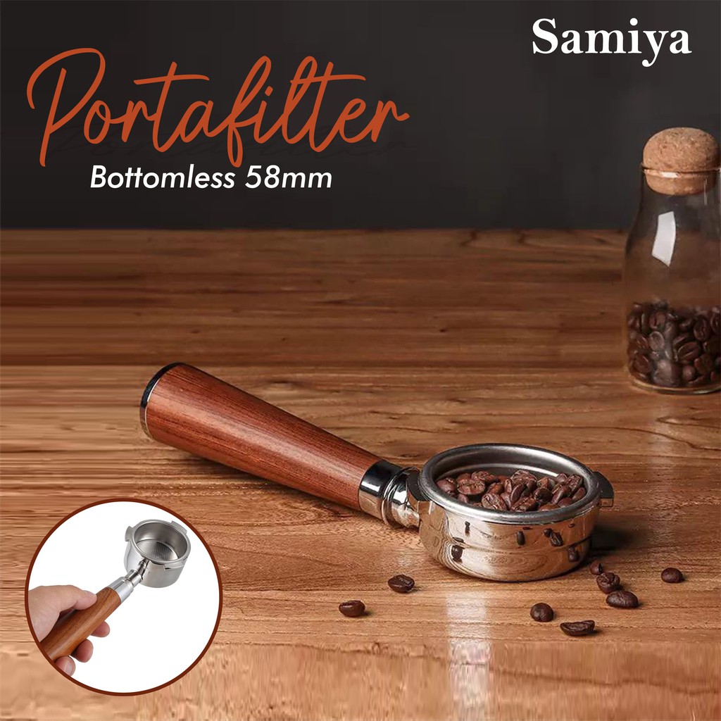 portafilter botomless 58mm wood handle / porta gagang kayu