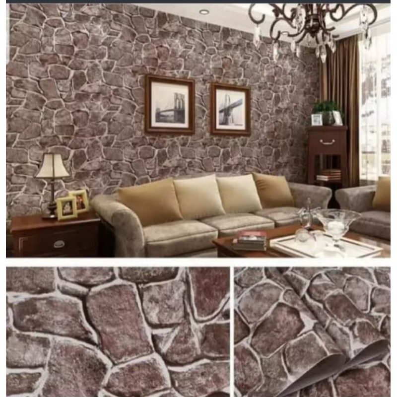 wallpaper stiker dinding ruang tamu batu alam coklat
