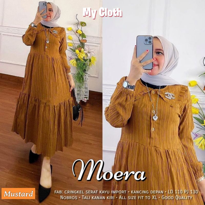 MOERA DRESS CRINCLE SERAT KAYU MIDI DRESS POLOS DRESS WANITA