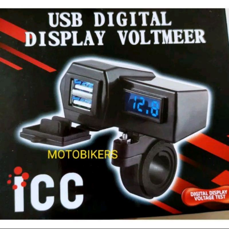 Voltmeter Digital Plus USB Charger Hp Motor Voltmeter Digital Charger 2 Socket USB Charger Hp Stang  Nyala Biru