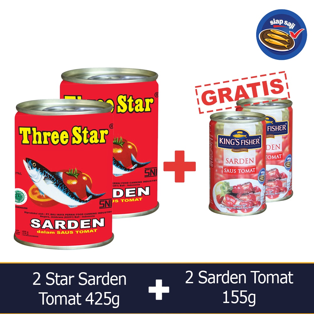 

King's Fisher Three Star Paket 4 pcs Sarden saus Tomat 425g 155g Makanan Kaleng