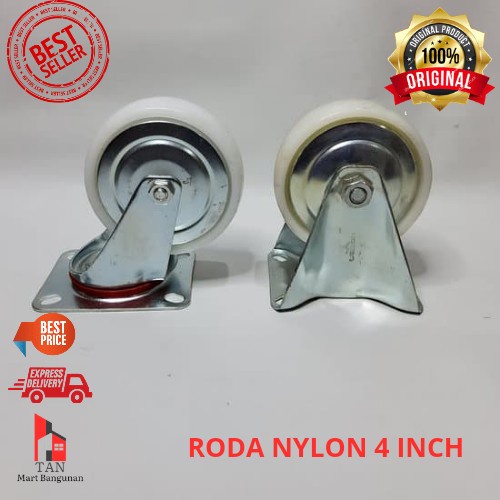 Roda Nylon Etalase Troli Gerobak Dorongan Putih 4 inch Hidup Mati Rem