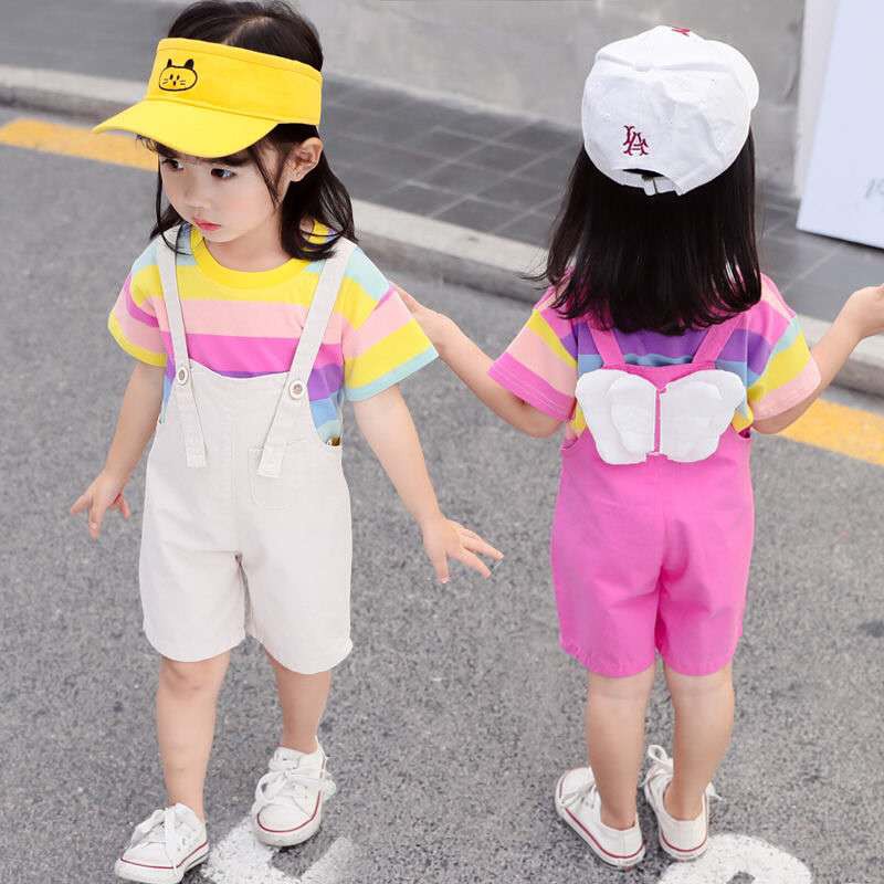 KF Cat Setelan anak perempuan jumpsuit+kaos garis garis lengan pendek sayap malaikat set anak cewek import-1