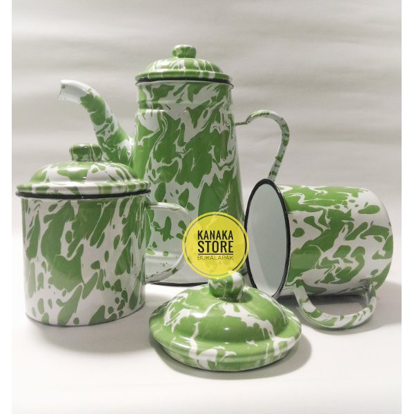 Set teko & cangkir mug gelas blirik blurik lurik enamel seng jadul kuno vintage retro