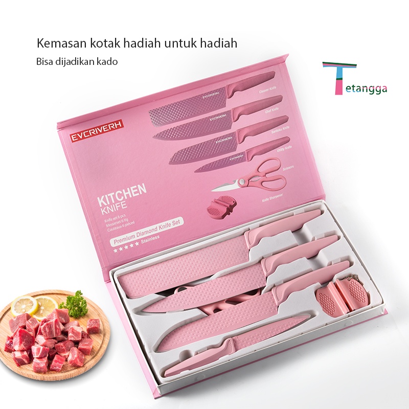 Pisau Berlian Merah Muda 6 IN 1 COOKWARE KITCHEN KNIFE SET DIAMOND NON-STICK COATING VS-1844