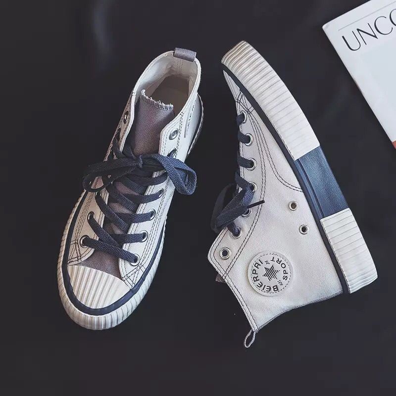 [ PAKAI DUS SEPATU ] IDEALIFESHOES Sepatu Wanita canvas Sneakers Abg Putih Biru Garis Import Korea High Top Kanvas import  KY-03