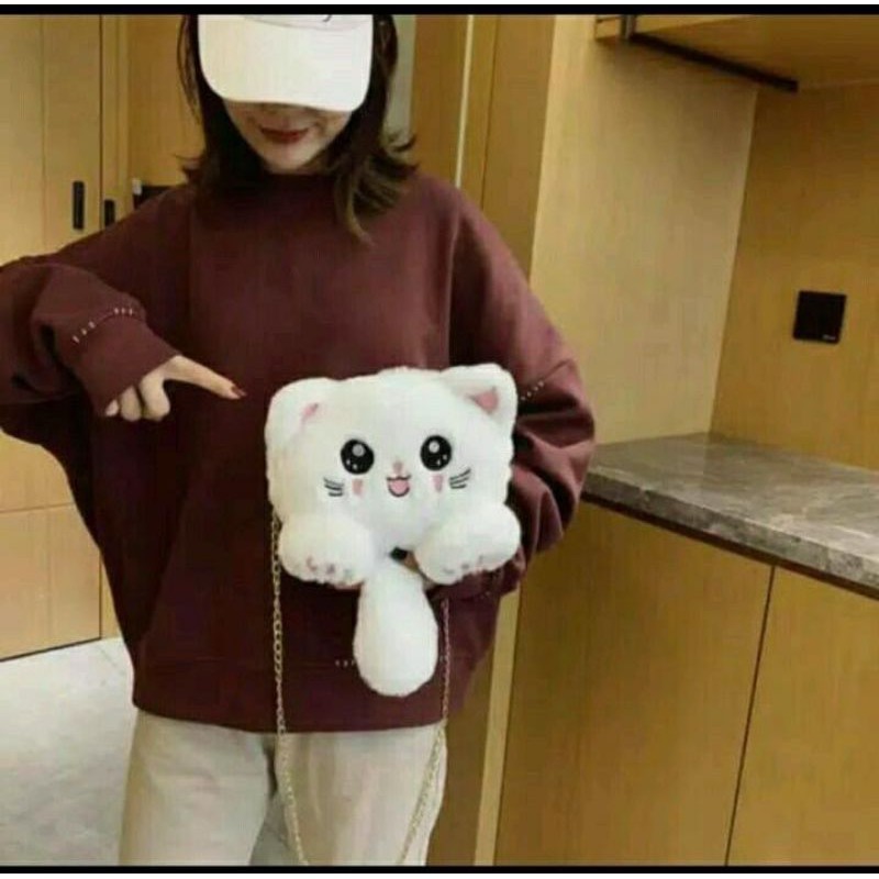 Tas Selempang Boneka Kucing bulu korean style original termurah Tas Wanits Miniashion Lembut Plush C