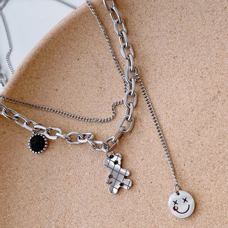 Kalung Rantai Model Double Layer Desain Beruang Smiley Face Gaya Harajuku