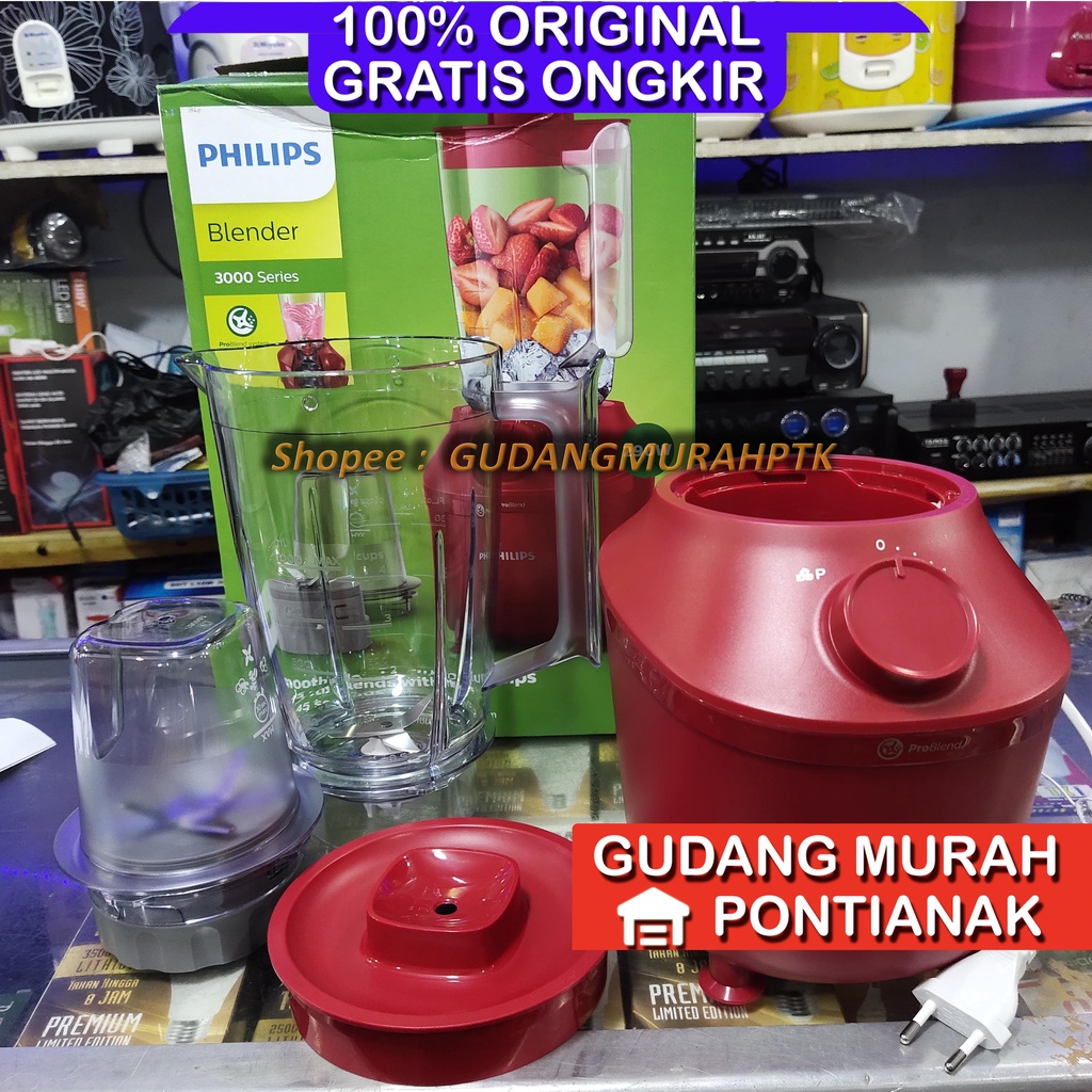 Blender Philips Original Pro Blends ASLI KUAT dan AWET HR2042 3000 Series Blender 290W Plastic / plastik WARNA MERAH