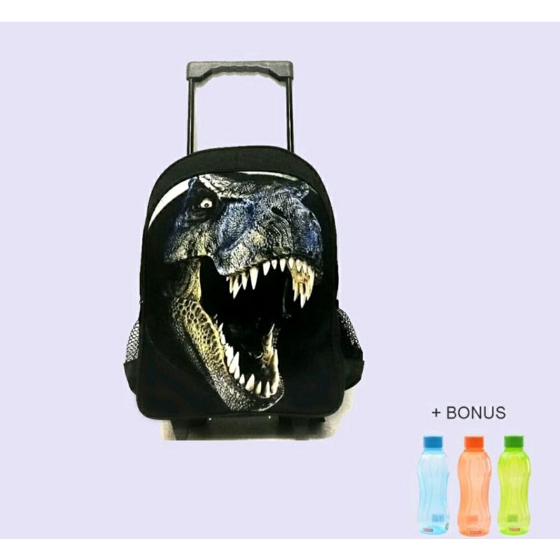 GRATIS Botol Minum / Tas Troli Anak Laki Laki Dinosaurus Hitam / Koper Tas Anak Dorong Karakter / Tas Sekolah SD TK Murah Bisa COD