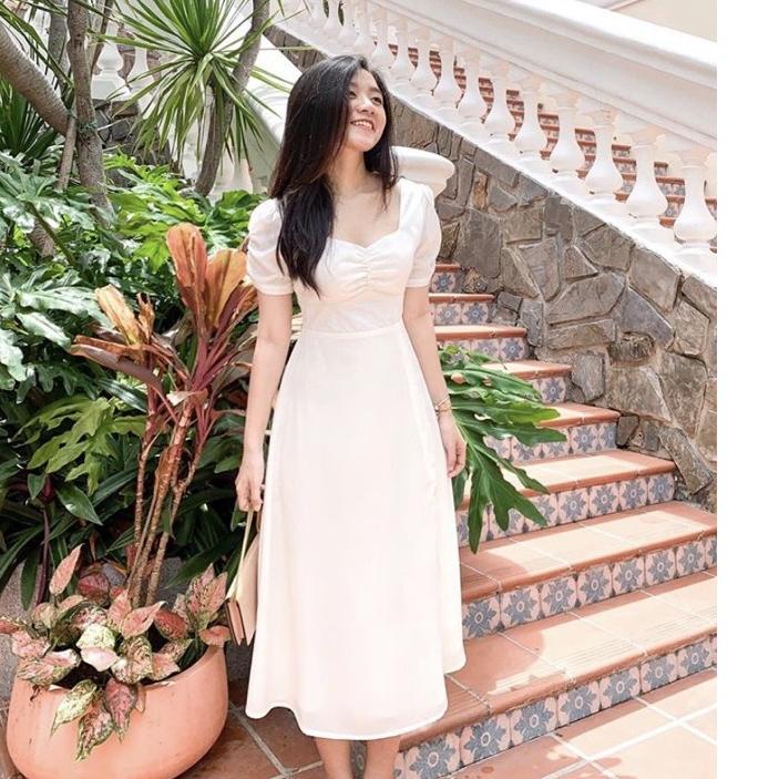 ♣ D0345 NATHANIA KOREAN STYLE CASUAL VINTAGE MIDI DRESS PUTIH HITAM POLOS DINNER NATAL ♗