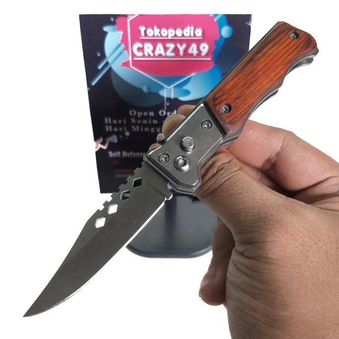 Pisau Lipat Pocket Automatis Kayu / Pisau Saku / Survival Kit